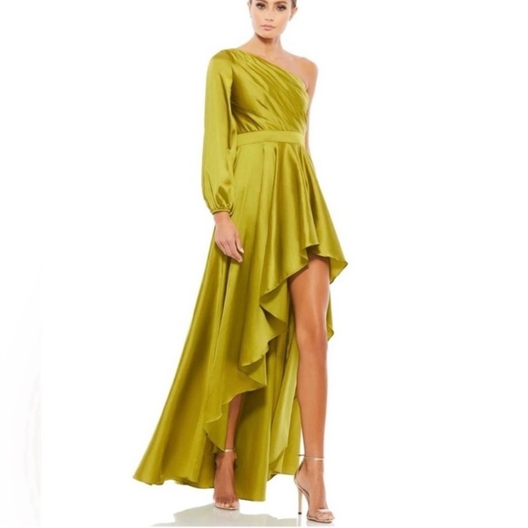 Mac Duggal Long Sleeve One Shoulder Satin High Low A-line Gown Womens 2 Green - Picture 1 of 14